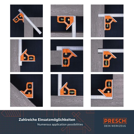 Presch Escuadra Combinada Carpintería 150 mm - Escuadra Universal de Metal - Precisa y de Fácil Manejo con Tope de Regla y