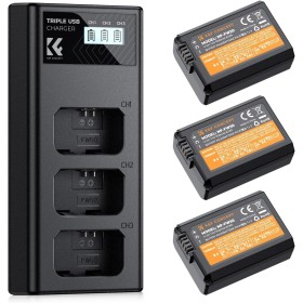 K&F Concept 3-Pack NP-FW50 1100mAh Batería y Cargador LCD de 3 Bahías Compatible con Sony ZV-E10, Alpha A6000 A6300 A6400 A6500