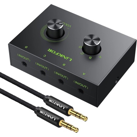 LiNKFOR Conmutador de Audio Estéreo de 3,5mm 2(1)-In-1(2)-out Switcher de Audio Estéreo Bidireccional 2 Entradas 1 Salida/1