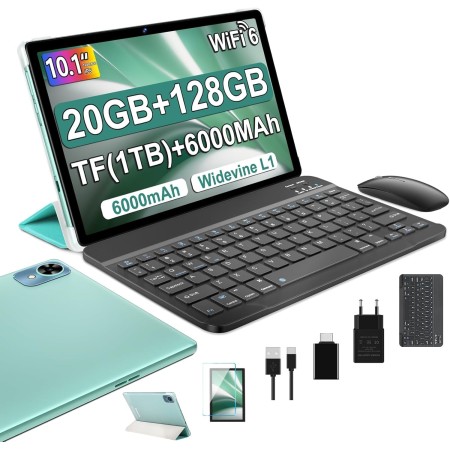 fezawio Tablet 10 Pulgadas Android 14, 20GB RAM + 128GB ROM (TF 1TB), Octa-Core, Tablet con Teclado y Raton -Verde