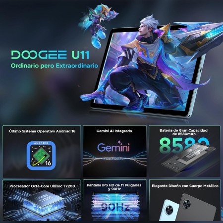 DOOGEE U11 Tablet Android 16, 16GB RAM+128GB ROM/2TB TF Octa-Core Tablets PC, Batería 8580mAh Tableta 11 Pulgadas,