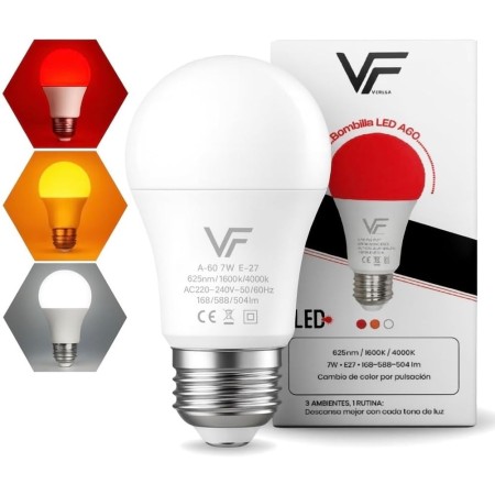 VERLSA Bombilla Led 3 Tonalidades - E27, 7w - Luz Roja Nocturna Melatonina 625nm, Ámbar 1600k y Blanca 4000k - 0% Luz Azul -