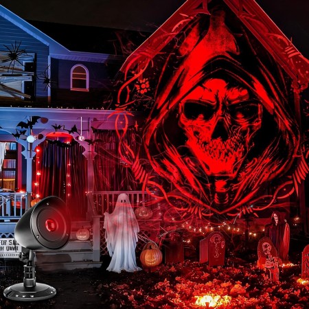 Proyector Halloween Decoracion Exterior Casa - 3D Dinámica Roja Calavera LED Lámpara Impermeable, Decoración Halloween Luces