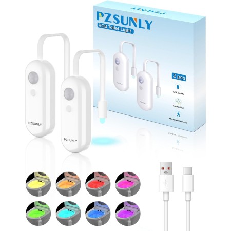 PZSUNLY Luz LED para Inodoro con Sensor de Movimiento de 8 colores, IP65 Impermeable y Recargable, Luz para Inodoro en el