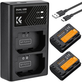 K&F Concept NP-FZ100 Batería de Repuesto(2 Pack) con Cargador Dual USB,Sony NP-FZ100 Batería de Cámara 2280mAh para Sony Alpha
