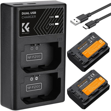 K&F Concept NP-FZ100 Batería de Repuesto(2 Pack) con Cargador Dual USB,Sony NP-FZ100 Batería de Cámara 2280mAh para Sony Alpha