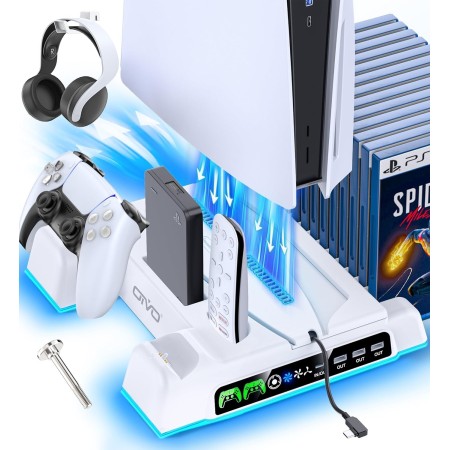 OIVO Soporte para PS5/Slim/Pro con Ventilador de 3 Velocidades, Cargador para Mando Playstation, Soporte PS5 Vertical con 3