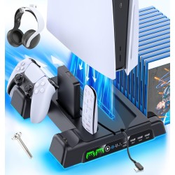 OIVO Soporte para PS5/Slim/Pro con Ventilador de 3 Velocidades, Cargador para Mando Playstation, Soporte PS5 Vertical con 3 OIVO Soporte para PS5/Slim/Pro con Ventilador de 3 Velocidades, Cargador para Mando Playstation, Soporte PS5 Vertical con 3