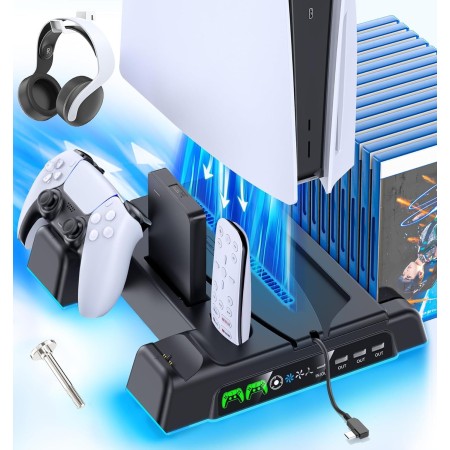 OIVO Soporte para PS5/Slim/Pro con Ventilador de 3 Velocidades, Cargador para Mando Playstation, Soporte PS5 Vertical con 3