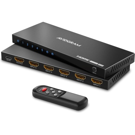 8K Switch 2.1 HDMI 5 in 1 out, AVIDGRAM Conmutador HDMI 5 en 1 Salida 4k 120hz con Control Remoto IR, 5 Puertos 8K 60Hz Selector