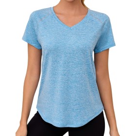 Gyabnw Camiseta Deportiva Mujer de Manga Corta Camisetas de Cuello en V Mujer Ropa Deporte Secado Rápido Yoga Fitness Running