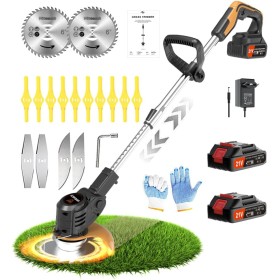 Wrneaoch 21V Desbrozadora Bateria Desbrozadora Electrica Retráctil Cortacésped con 6 000 RPM y Motor de 650 W, con 2 Baterías de