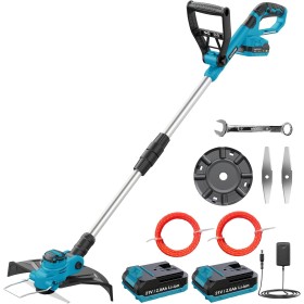 Desbrozadora Bateria 21V, KUZUPRO Cortabordes Bateria Brushless con 2 Baterías 2.0Ah, 2 Cuchillas, Mango Ajustable, 2 Bobina de
