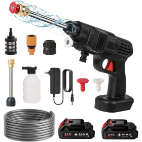 Pistola de Agua de Alta presión, 50Bar Pistola Limpiador a presion bateria 6000mAh, Cargador y Manguera 5m, 435PSI