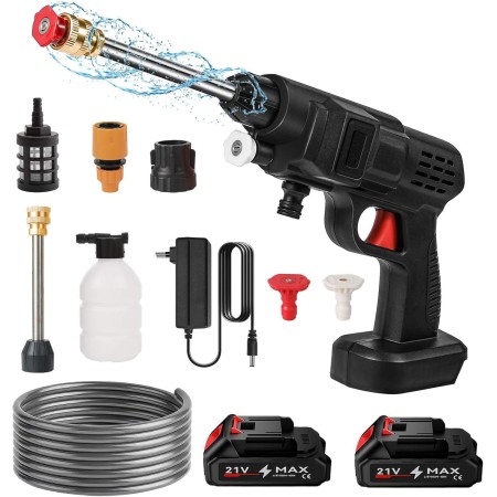 Pistola de Agua de Alta presión, 50Bar Pistola Limpiador a presion bateria 6000mAh, Cargador y Manguera 5m, 435PSI