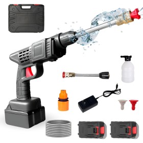 Pistola de Limpieza a Presión. Hidrolimpiadora Portatil Inalámbrica 35Bar/500PSI y 1500mAh/300W con 2 Baterías Recargable 48V /