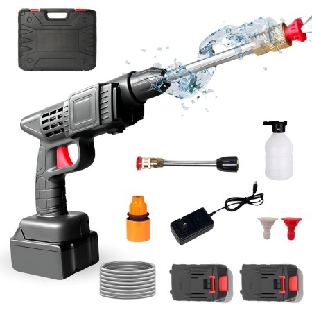Pistola de Limpieza a Presión. Hidrolimpiadora Portatil Inalámbrica 35Bar/500PSI y 1500mAh/300W con 2 Baterías Recargable 48V /