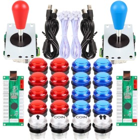 Fosiya 2 Players Arcade Kit Ellipse Oval Style 8 Ways Bat Joystick + 20 LED Arcade Buttons for 2 Players Video Game Controllers