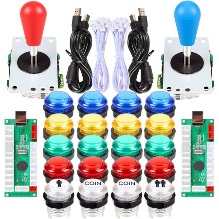Fosiya 2 Players Arcade Kit Ellipse Oval Style 8 Ways Bat Joystick + 20 LED Arcade Buttons for 2 Players Video Game Controllers