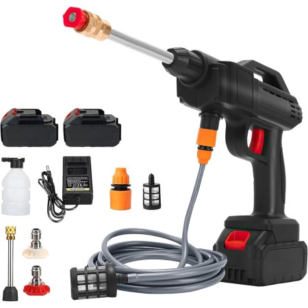 Pistola de Agua a presión, 30Bar Limpiador presión con 2× batería de 6000mAh, Cargador y Manguera 5m, 435PSI Hidrolimpiadora