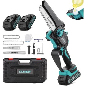 STANEW - Mini motosierra de batería sin escobillas de 6 pulgadas y 8 pulgadas, 2 baterías de 2000 mAh,2 guías y 2 cadenas,600 W