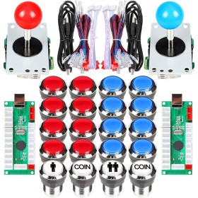 Fosiya 2 Player Arcade Joystick LED Chrome Starter Buttons for PC MAME Raspberry Pi Video Games Arcade Parts Cabinet (Red Blue)