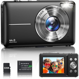 Cámara Digital 1080P Cámara de Fotos HD 44MP Cámara Digital Compacta con Pantalla LCD de 2,4 Pulgadas, Zoom Digital 16X, Tarjeta