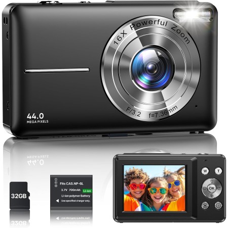 Cámara Digital 1080P Cámara de Fotos HD 44MP Cámara Digital Compacta con Pantalla LCD de 2,4 Pulgadas, Zoom Digital 16X, Tarjeta