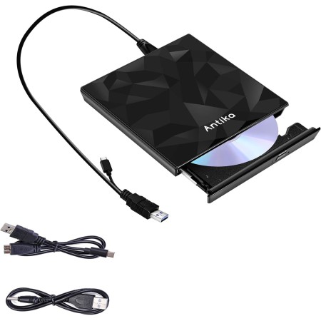 Antika Grabadora de DVD/CD +/-RW, Unidad Externa USB 3.0, Dispositivo Lector de Tarjetas portátil Ultrafino Compatible con