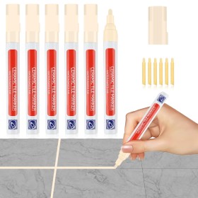 6Pieza Rotulador Juntas Azulejos Beige Lápiz para Juntas Lechada Tile Grout pen con Cabezal de Repuesto Bolígrafo Mortero Lápiz