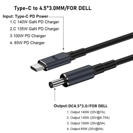 Cable USB tipo C a CC de 180CM, Cable de fuente de alimentación PD de 
