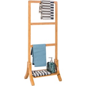 Toallero de Pie para Baño con Estante y 3 Colgadores para Toallas, Soporte de Toallas Múltiple para Baño de Bambú, Ideal para el