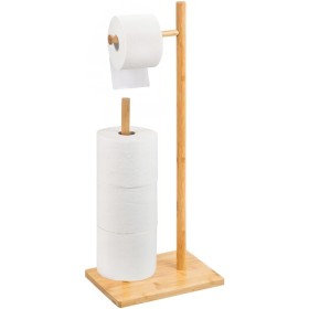 Portarrollos Papel Higiénico de Pie de Bambú con Soporte para Rollos de Repuesto, Soporte Papel Higienico sin Taladro,