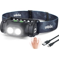 UNBON Linterna Frontal LED Recargable USB C, Linterna Cabeza LED Alta Potencia con 3 Modos de Iluminación, Sensor Movimiento y