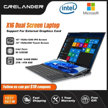CRELANDER Laptop de pantalla dual de 16 pulgadas 2K + pantalla táctil 
