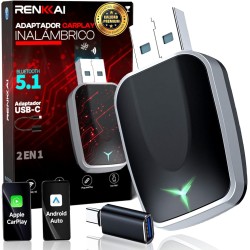 RENKKAI® Super Carplay Inalambrico Bluetooth Coche 2 En 1 Universal + 2 Conectores USB y Tipo C | Adaptador carplay inalambrico