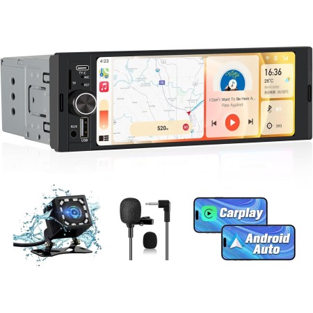 Hexinex Radio de Coche 1 DIN Universal con Carplay y Android Auto Inalámbrico,Autoradio 1 DIN con Pantalla Táctil de 6.36