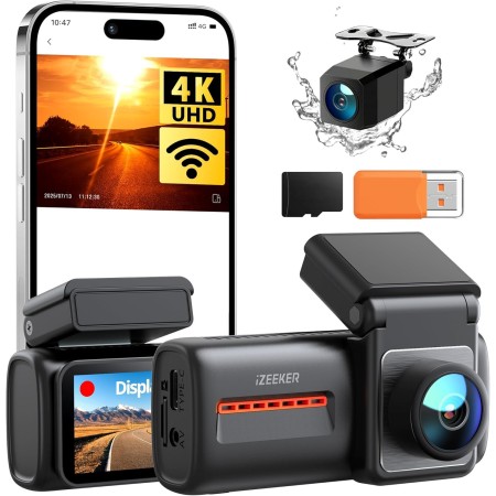 iZEEKER 4K Dashcam Frontal y Trasera, WiFi 6 Dash CAM Coche con Tarjeta 32G, 4K+1080P Camara Coche, Pantalla de 2.99", App,
