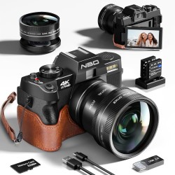 NBD Cámara Digital 4K 48MP con Enfoque Automático, Zoom 16X, Pantalla Abatible 3" 180°, WiFi + Funda de Cuero y Pulsera +