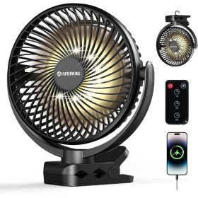 Ateroll 10000mAh Clip Fan with Remote Control, 3 Speeds Rechargeable Battery Portable Fan with Timer and LED Lights, 8 Inch