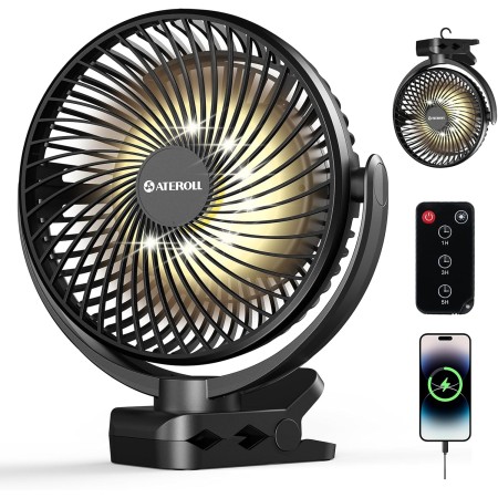 Ateroll 10000mAh Clip Fan with Remote Control, 3 Speeds Rechargeable Battery Portable Fan with Timer and LED Lights, 8 Inch