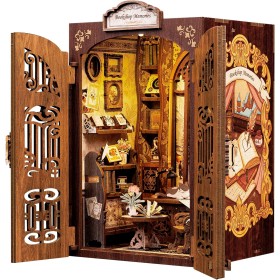 CUTEBEE Book Nook Miniature Dollhouse Building Kit, Dollhouse with Dust Cover and LED Light, Booknook Library for Model Making