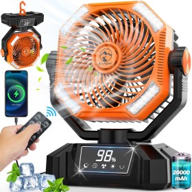 Camping Fan with LED Light, 20000mAh Rechargeable Automatic Vibration Fans for Outdoor Camping Tent with Remote, 5 Speed USB