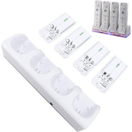 Estación de Carga 4 en 1 para Mando a Distancia Wii y Wii U, Estación de Carga Remota Wii con 4 Baterías Recargables de 2800 MAh