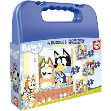 Educa - Set of Four Progressive Puzzles from 12 to 25 Pieces with Bluey Characters | Presented in a magnificent suitcase to be