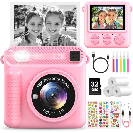 LUVTOY Instant Children's Photo Camera, 2.4 Inch Instant Camera Children with 32 GB Card and Printing Paper, 1080P Children's
