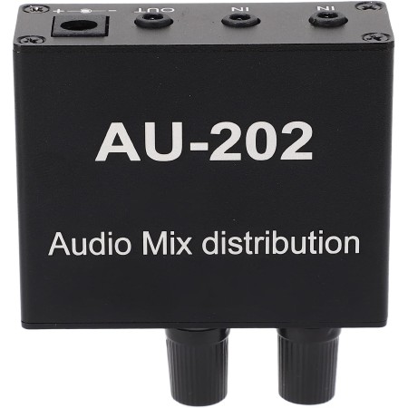 Mini Mezclador de Audio Mezclador de Distribución Estéreo 2 en 2 Salidas con Adaptador de Corriente Ideal para Clubes o Bares