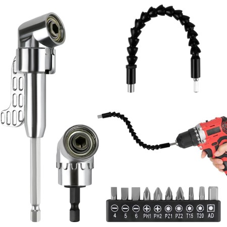 Doksvp 13 Piezas Adaptador de Destornillador Angular Kit,105 °Adaptador Atornillador Flexible, 1/4 de Pulgada Broca de Ángulo