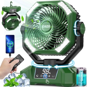 COZII 20000mAh Camping Fan, Table Fan with LED Light, LED Touch Screen, Automatic Oscillation, Remote Control, 5 Speeds USB Fan