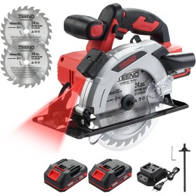 TEENO Sierra circular láser sin cable 4000 RPM con freno eléctrico, 2x2.0 AH baterías, 2X165mm cuchillas, profundidad de corte y